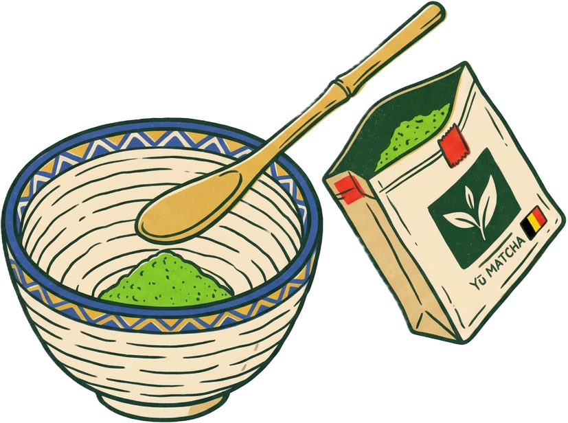 2 schepjes matcha in een kom, afgemeten met het bamboe lepeltje.