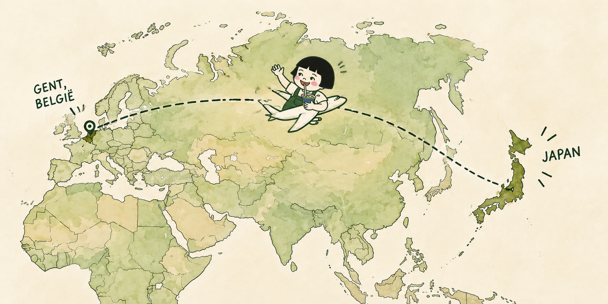 Getekend meisje vliegt met een matcha van Gent naar Japan