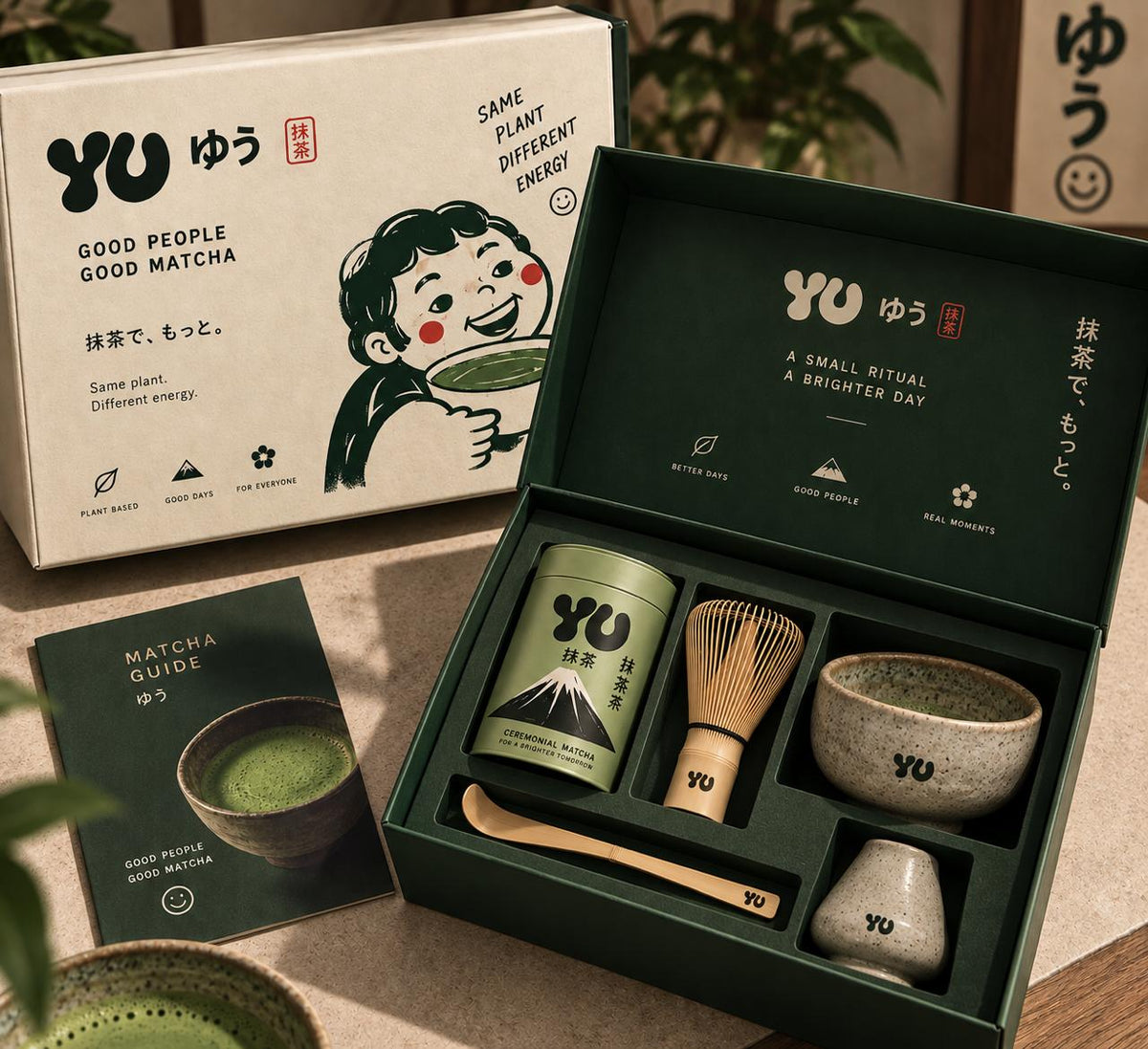 Yū matcha geschenkset compleet met blik Ceremonial matcha, bamboe klopper, lepeltje, matchakom, klopperhouder en matchagids