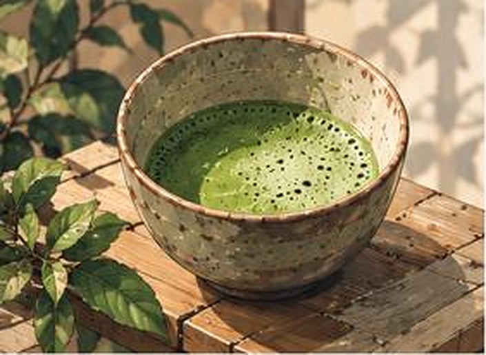 Kom matcha op een houten tafel
