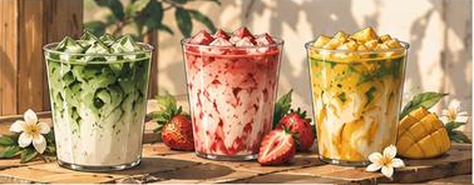 Drie iced matcha lattes: classic, aardbei en mango